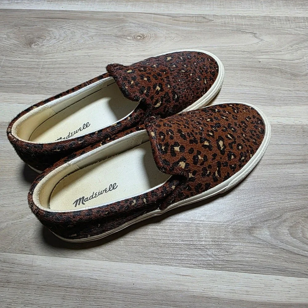 Madewell Slip On Sneakers Womens‎ 8.5 Brown Leopard Real Calf Hair Sidewalk Low